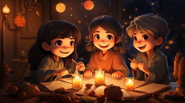 Foto illustrazione di cartoni animati per bambini di tutto il corpo di ramadhan sahur