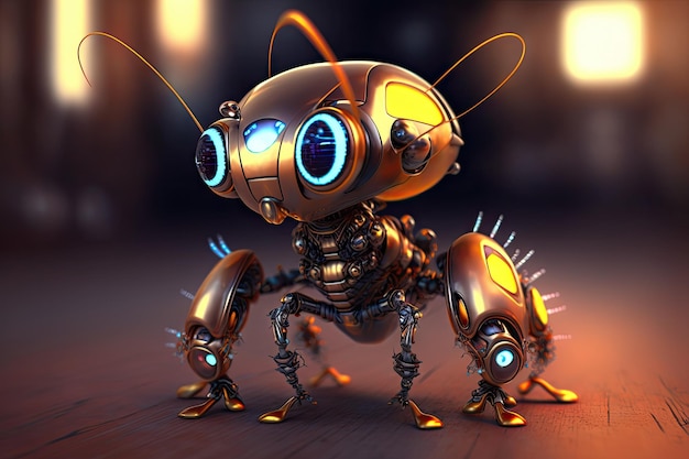 Милый муравей-робот в полный рост, эпические маленькие светящиеся глаза, нео