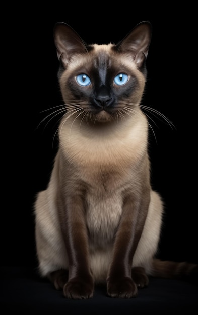 Full body front view studio portret schattige mooie siamese kat met magische blauwe ogen zit op geïsoleerde zwarte achtergrond Generatieve AI