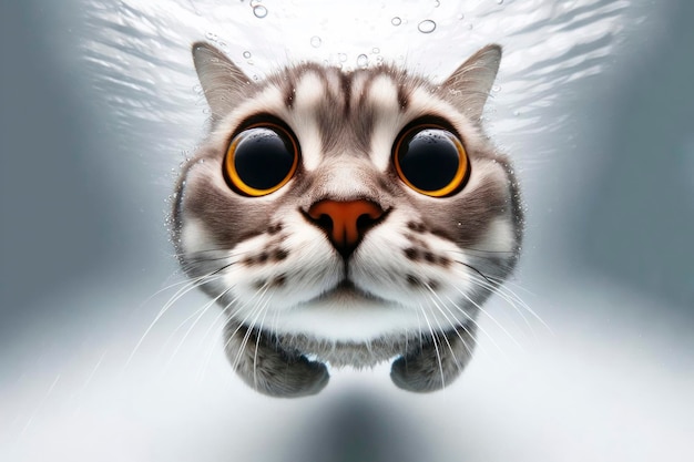 full body Funny Portrait of surprised cat underwater closeup wide angle photo ai generative