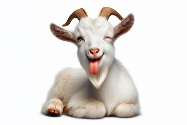 full body goat winking and sticking out tongue isolated on white background