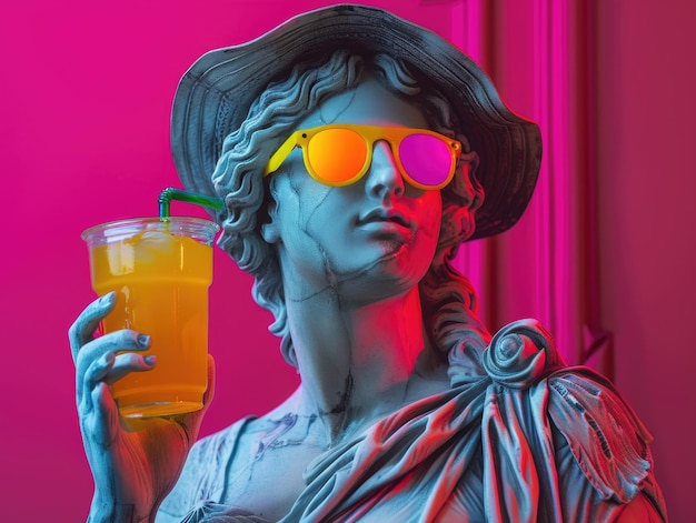 다채로운 선글라스를 입은 그리스 여성 동상,  모자를 입은 여성, 주스를 마시는 여성