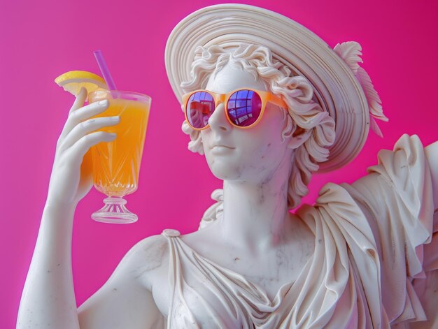 Full body Greek woman statue wearing colorful sunglasses wearing sun hat drink juice