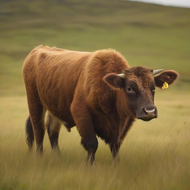 Полнокорпусная волосатая коричневая корова на лужайке
