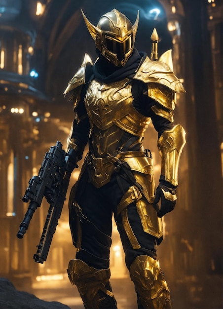 full body of a high elf sci fi soldier wearing heavy sci fi elven armor black and gold armor and he