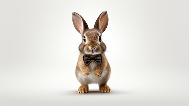 Full body image of a cute rabbit wearing a bow tie on a white background Epic detail realistic