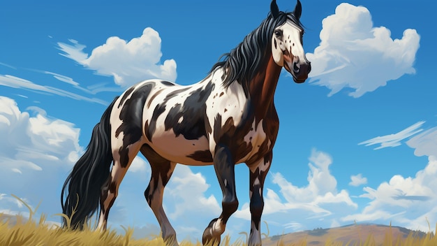 Full body image of a paint horse standing gracefully in a field under the blue sky