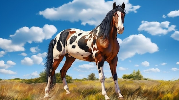 Full body image of a Paint horse standing gracefully in a field under the blue sky