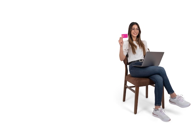 Full body length woman sitting chair and showing credit card Online shopping concept idea image