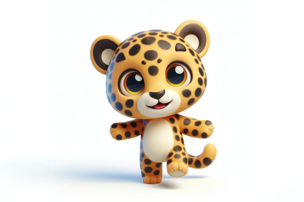 full body little cute happy leopard 3d character with bulging eyes on solid a white background ai generative