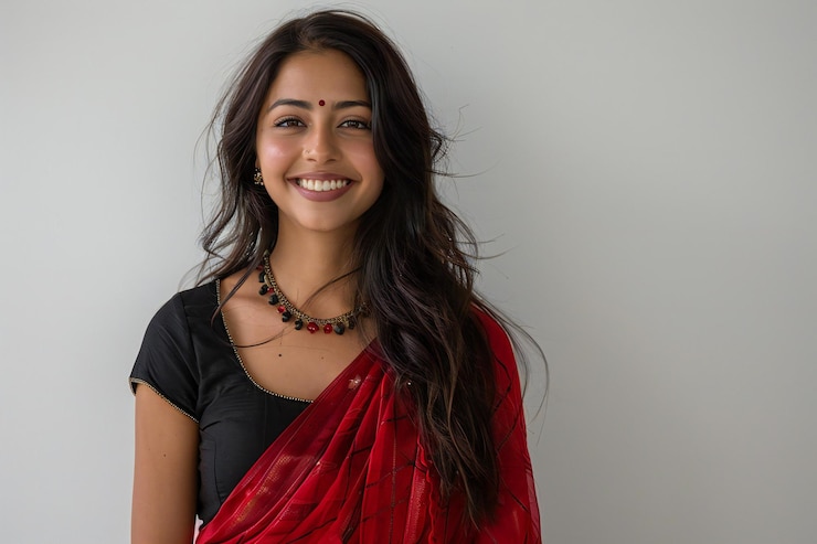 Photo full body photo of an attractive indian woman wearing a red saree and black blouse with long hair s