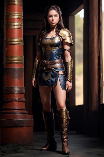 full body photo of a beautiful young warrior woman wearing boots ultra realistic image