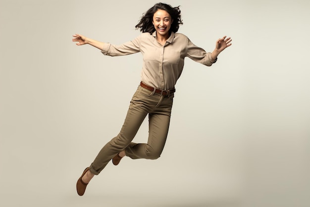 Full body photo of cheerful positive crazy woman jump up raise hands active isolated on yellow color