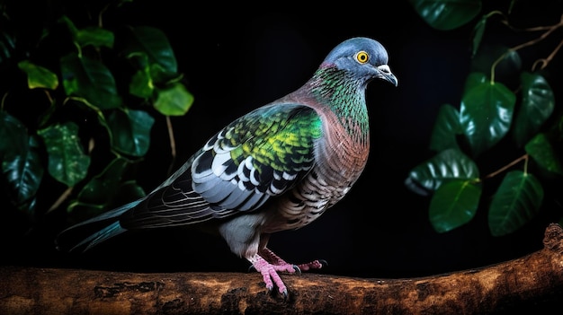 Foto full body pigeon op twijg en groen blad