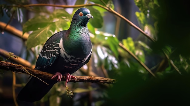 Foto full body pigeon op twijg en groen blad