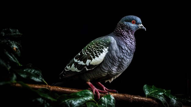 Foto pigeon full body su ramoscello e foglia verde