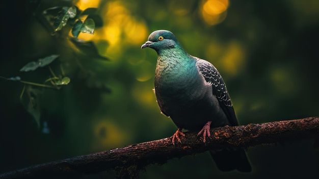 Foto pigeon full body su ramoscello e foglia verde