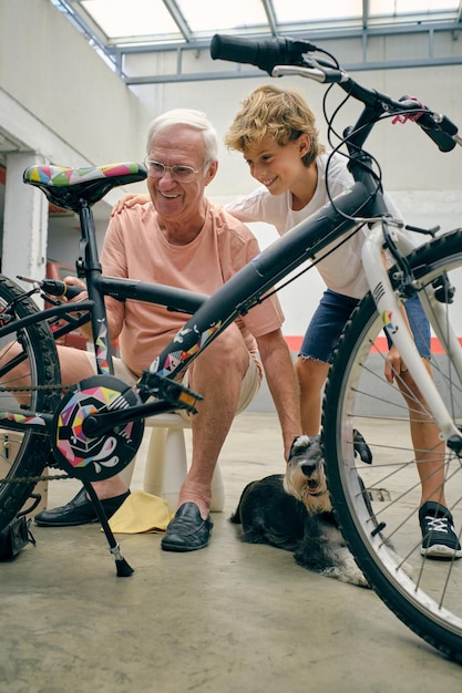 Full body of pleasant grandson hugging old grandfather sitting on chair and fixing bicycle with screwdriver while standing near Miniature Schnauzer dog