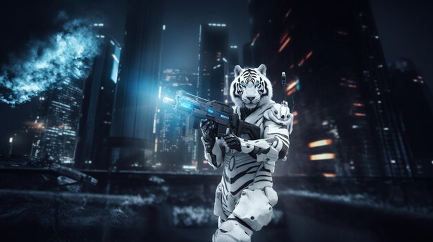 полное тело полярного тигра в киберпанк-униформах