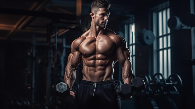 Full body portrait of athletic shirtless male doing biceps workouts with dumbbells