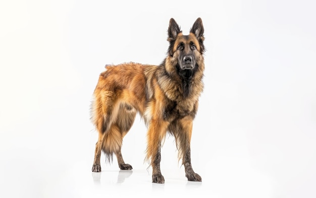 Full body portrait of a Belgian Shepherd Laekenois breed standing against a white background exuding a sense of alertness and strength