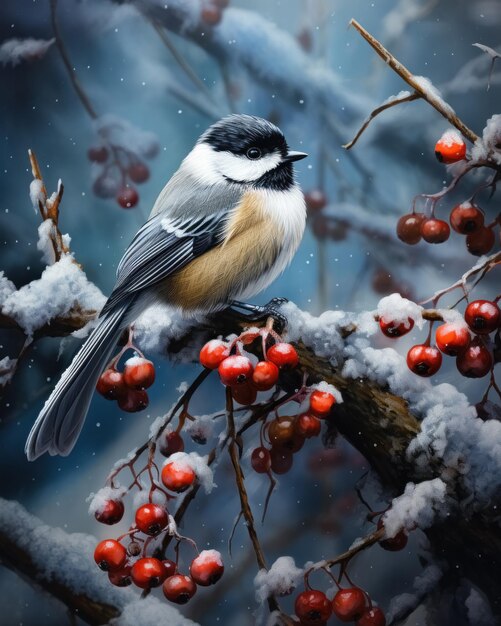 Full body portrait cute titmouse bird with red chest in snowy forest on snowcovered rowan branch