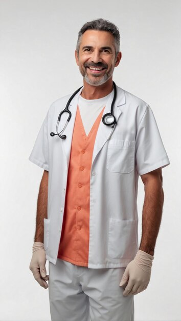 Photo full body portrait of a smiling latin doctor wearing white doctor uniform on white backgroundtopaz