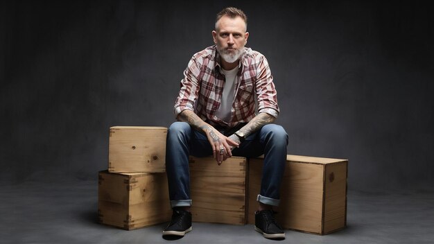 Full body portrait of a tattoed middle age hipster man dressed in a checkered shirt and jeans sitt