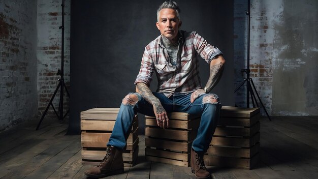 Photo full body portrait of a tattoed middle age hipster man dressed in a checkered shirt and jeans sitt