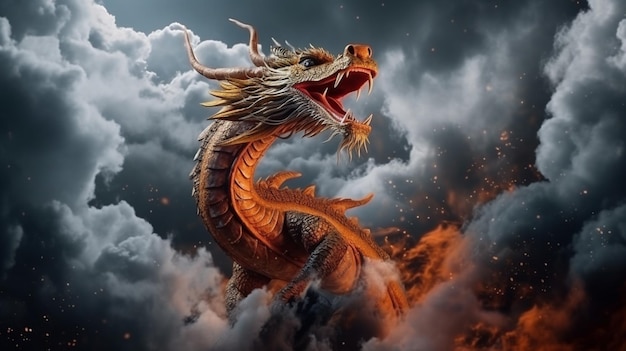 full body potrait of flying Qiulong dragon surrounded by dark cloud Generative Ai