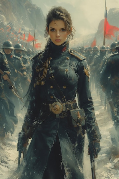 full body profile anime woman version of war general walking in front of an army