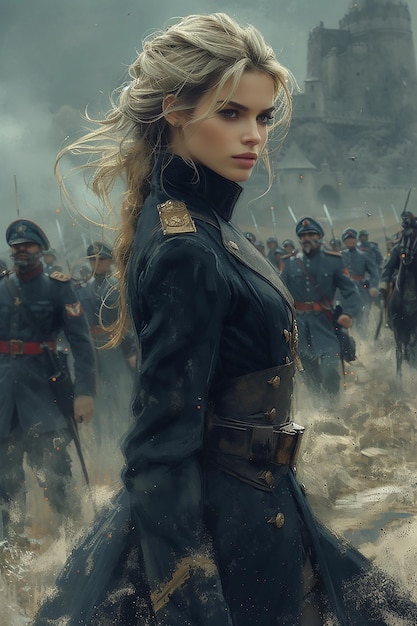 アニメ戦争の女性バージョン将軍が軍隊の前を歩いている
