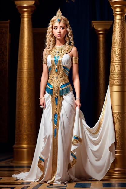 full body shot of a beautiful young blonde blue eyed queen of egypt woman wearing a white and gold