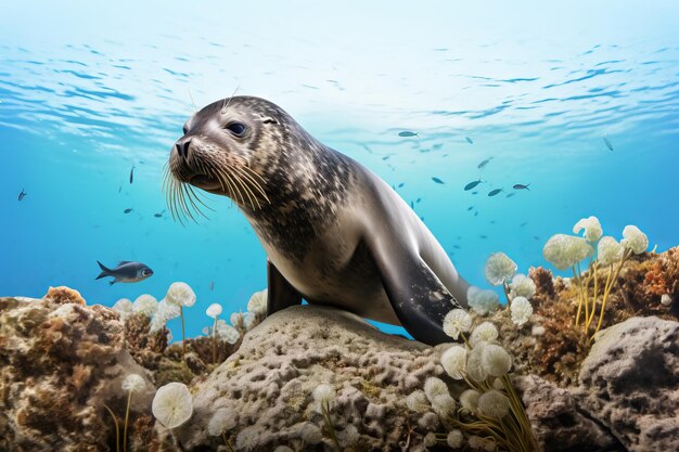 Full body shot of a playful seal exploring the sea floor side view surrounded by coral reefs and