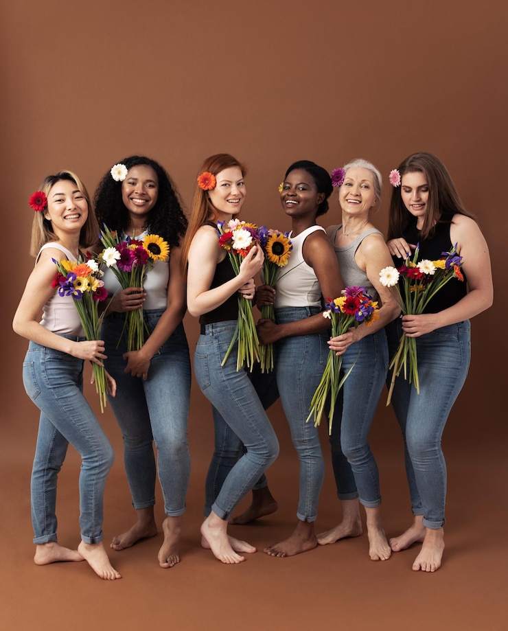 Photo full body shot of six women of different ages standing together with bouquets of flowers