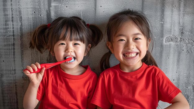 A full body shot of two happy Asian kids