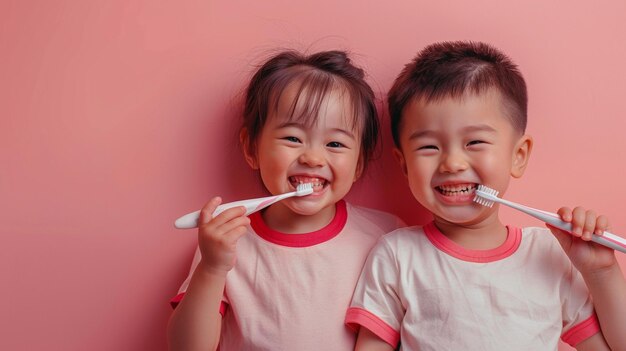 A full body shot of two happy Asian kids