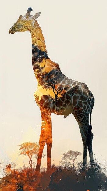 full body side silhouette of giraffe with double exposure of African savanna in sunset in silhouette
