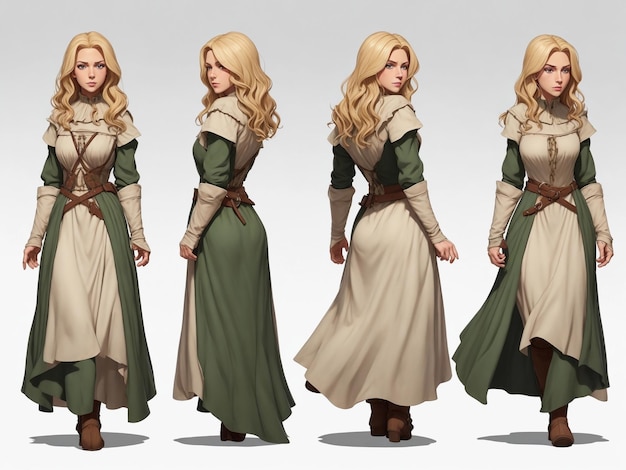 Фото Вид в полный рост полный снимок вид спереди вид сзади дизайн персонажа лист персонажа средневековая женщина