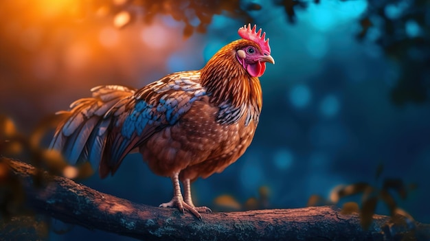 Pollo selvaggio a tutto corpo sull'albero bellissimo pollo con gli occhi arancione