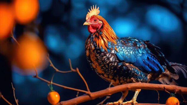 Foto pollo selvaggio a tutto corpo sull'albero bellissimo pollo con gli occhi arancione