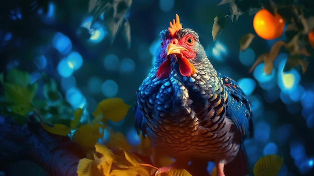 Foto pollo selvaggio a tutto corpo sull'albero bellissimo pollo con gli occhi arancione