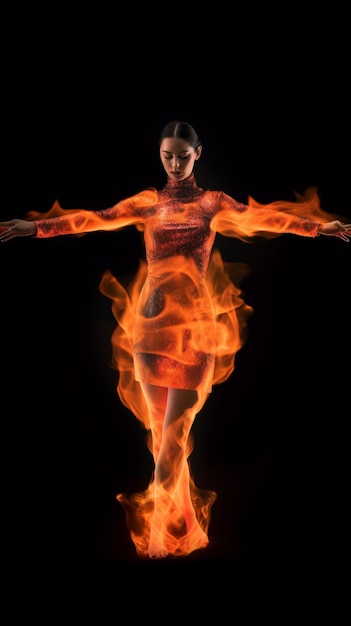 Photo full body woman is a girl made of fire fire element ai generated art