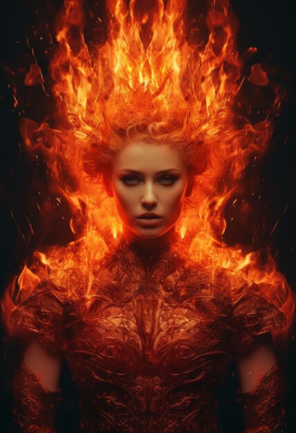 Photo full body woman is a girl made of fire fire element ai generated art