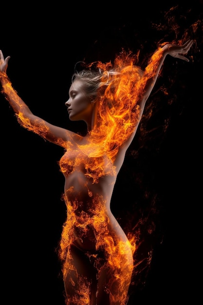 Photo full body woman is a girl made of fire fire element ai generated art