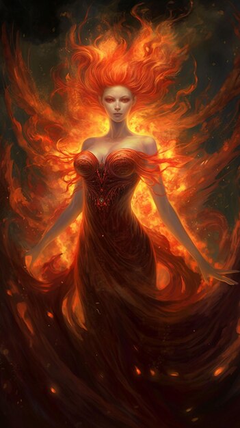 Photo full body woman is a girl made of fire fire element ai generated art