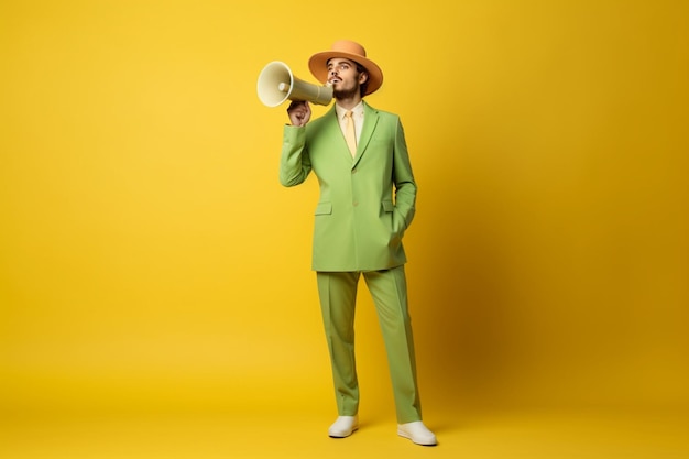 Full body young man in hat and green suit standing on empty blank yellow copy space