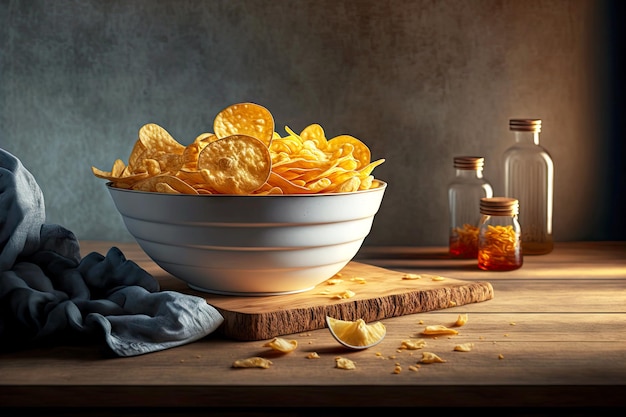 Full bowl of potato chips standing on wooden table