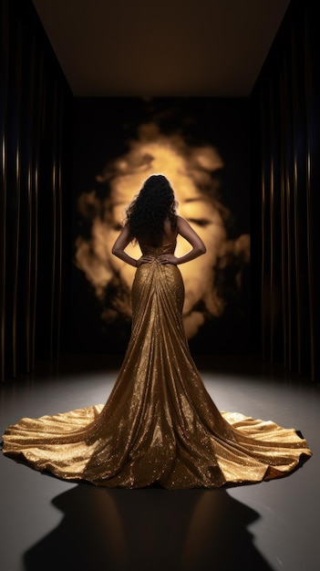 A full boy photograph of a beautiful girl in a golden dress