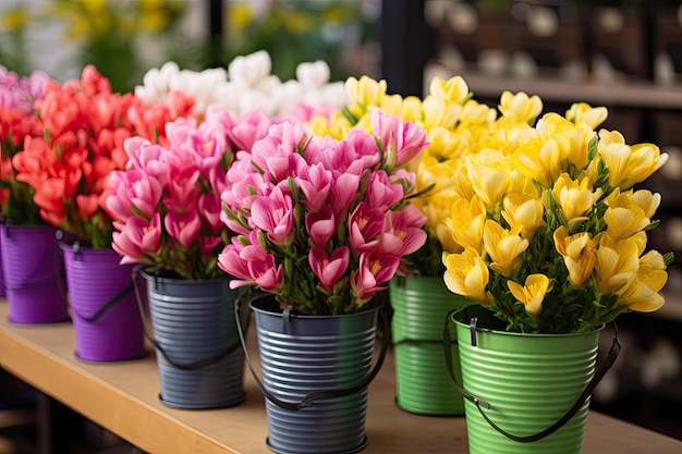 Фото Полные ведра свежесрезанных красивых красочных букетов цветов фрезии в цветочном магазине весной